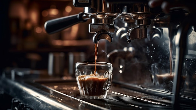 Primo piano di caffè espresso che versa dalla macchina da caffè per la preparazione del caffè professionale