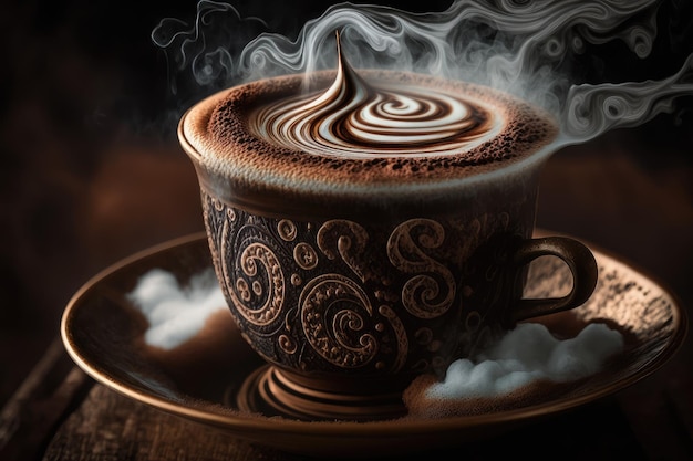 Primo piano di caffè turco con vapore che sale dalla tazza e schiuma in cima