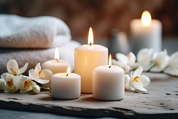 Primo piano di candele profumate che creano un'atmosfera rilassante in una spa Disposizione elegante con a. grigio