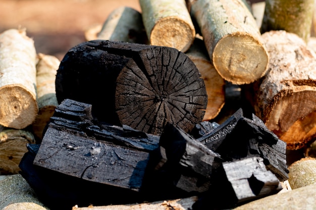 Primo piano di carbone con tronchi di legno su lavorazione del legno