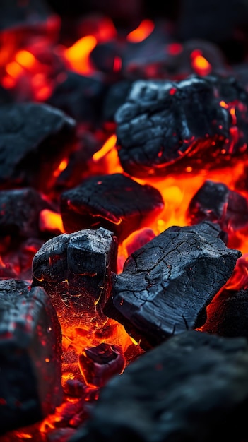 Primo piano di carbone e carboni ardenti Una vista dettagliata della combustione di combustibili fossili