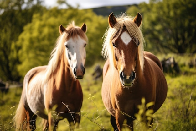 Primo piano di cavalli sull'erba verde