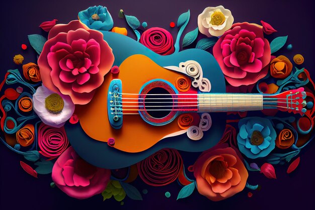 Primo piano di chitarra acustica e colomba della pace con una rosa bianca Generative Ai