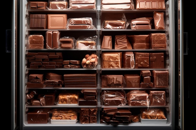 Primo piano di cioccolatini surgelati in stock in attesa di deliziare gli appassionati di dolci Pronti per essere gustati