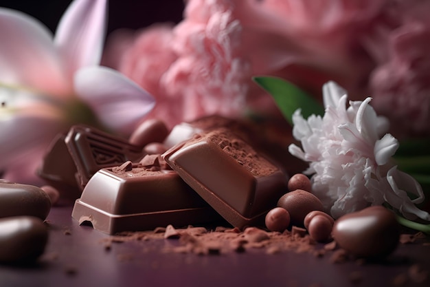 Primo piano di cioccolato e polvere di cacao tra ripieni di fiori rosa AI generato