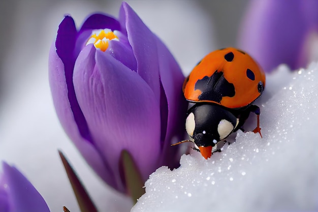 Primo piano di coccinella sul fiore di croco viola in fiore nella neve