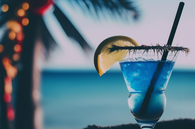 Primo piano di cocktail sulla spiaggia sfondo blu oceano Illustrazione AI generativa