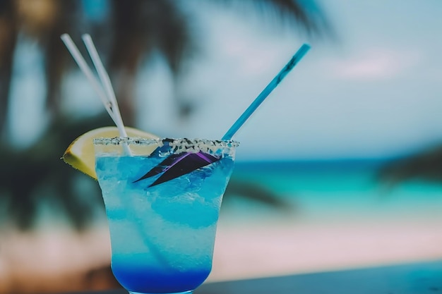 Primo piano di cocktail sulla spiaggia sfondo blu oceano Illustrazione AI generativa
