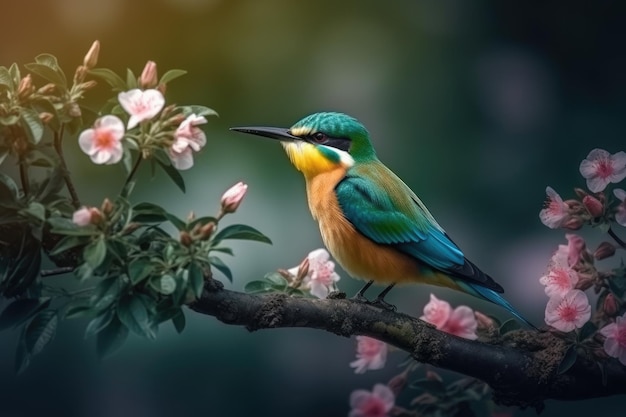 Primo piano di colibrì su un ramo di fiori di ciliegio