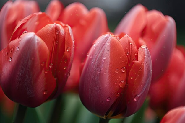 Primo piano di delicati tulipani primaverili con goccioline d'acqua sui loro petali