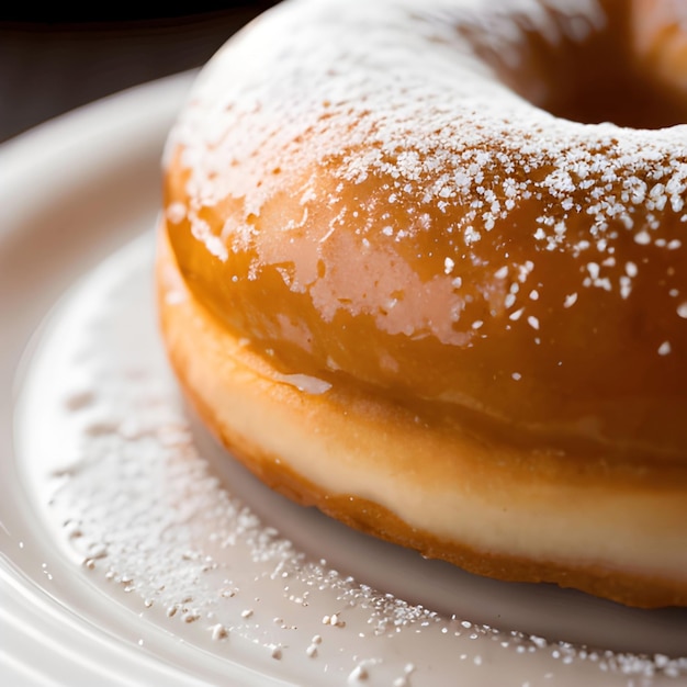 Primo piano di deliziosa ciambella su un piatto bianco con miele di cioccolato caramellato e zucchero colorato su di esso