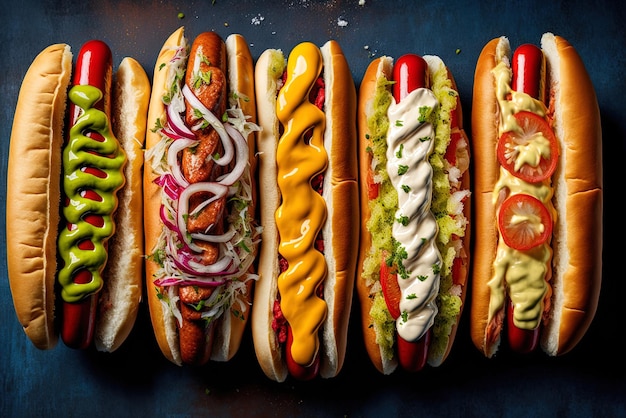 Primo piano di diversi deliziosi hot dog con condimenti