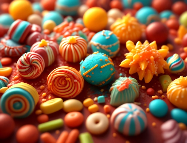 Primo piano di dolci multi caramelle colorate su uno sfondo di colore scuro