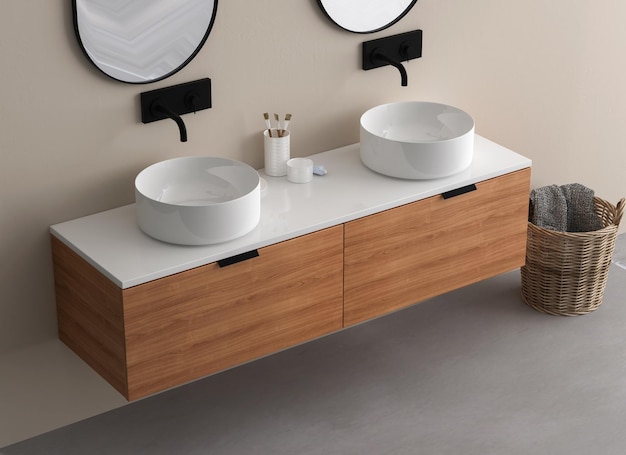 Primo piano di doppio lavabo con specchi ovali in piedi su parete beige, armadio in legno con doppio lavabo