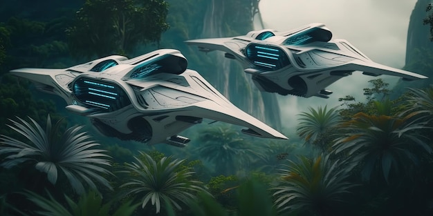 Primo piano di due fragili getti di fantascienza bianchi futuristici a tutta velocità che sorvolano una fitta giungla aliena nebbiosa AIGenerato