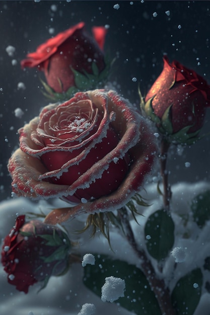 Primo piano di due rose rosse nella neve ai generativa