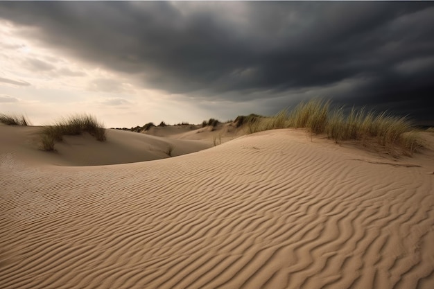 Primo piano di dune con sabbia ondulata e cielo drammatico sullo sfondo