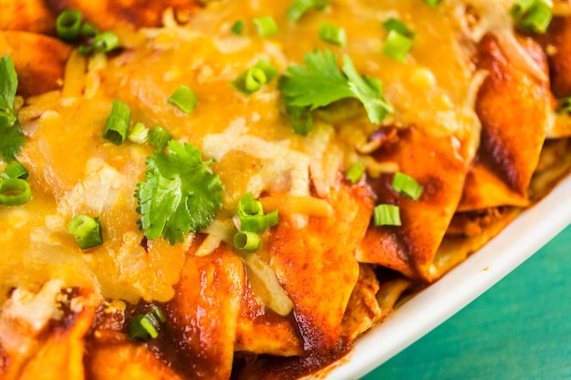 Primo piano di enchiladas di pollo fatte in casa guarnite con cipolla verde e coriandolo.