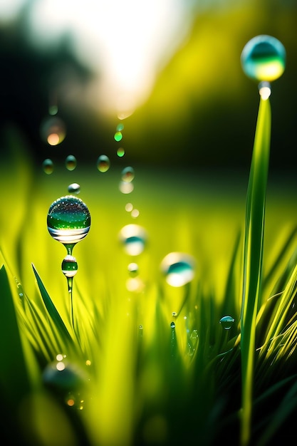 Primo piano di erba fresca e folta con gocce d'acqua