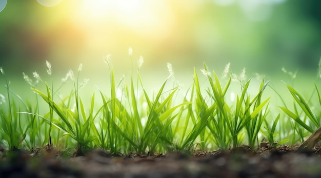 Primo piano di erba verde fresca che cresce nel terreno con luce solare e sfondo bokeh