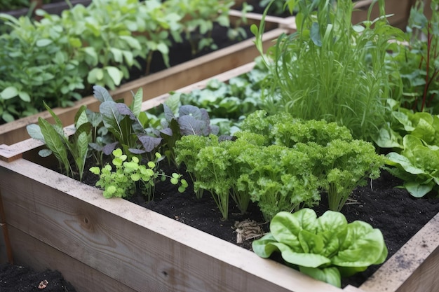 Primo piano di erbe e verdure che crescono in aiuole