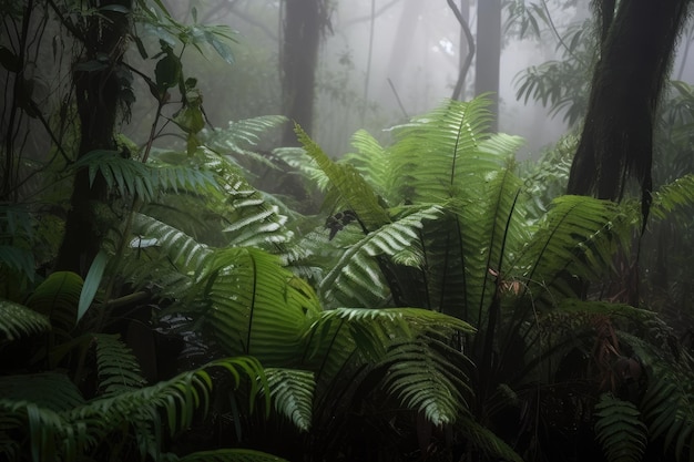 Primo piano di felci e altra vegetazione nella giungla fumosa