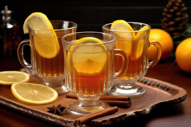 Primo piano di fette di limone in un bicchiere di hot toddy