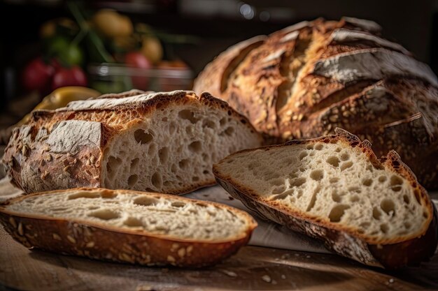 Primo piano di fette di pane artigianale con mollica e crosta a fuoco creato con ai generativo