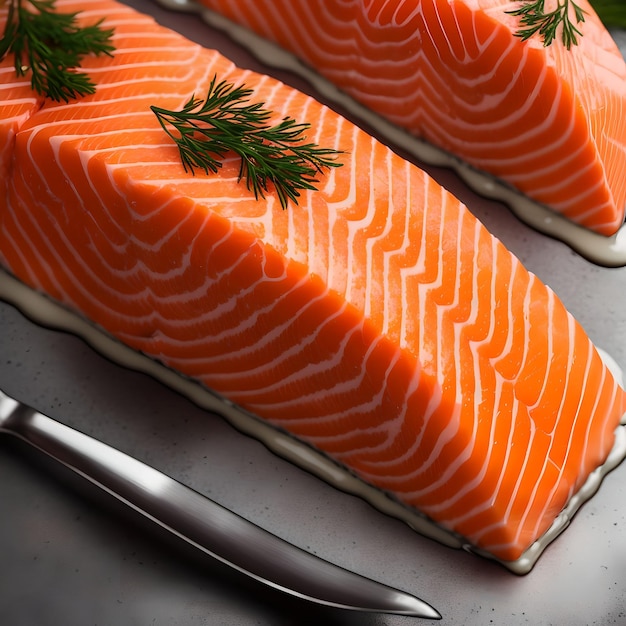 Primo piano di filetto di salmone cotto con arte generativa di cibo leggero e morbido di AI