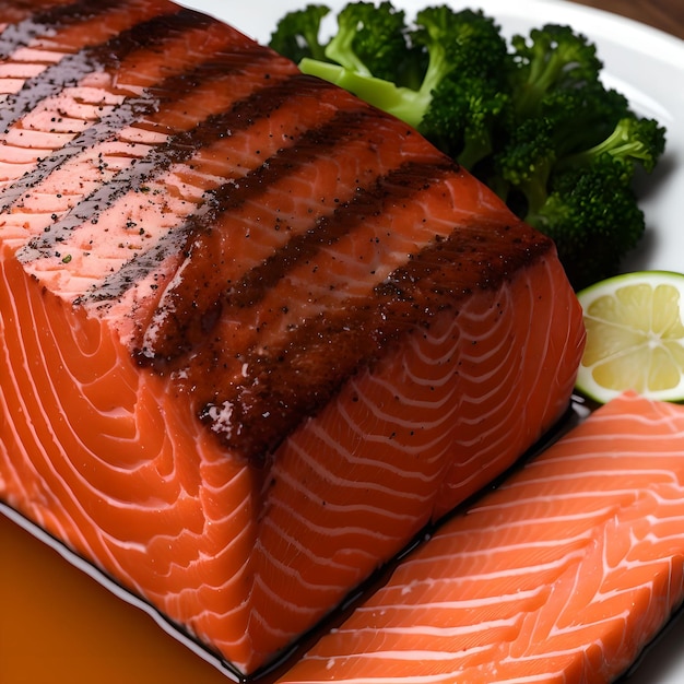 Primo piano di filetto di salmone cotto con arte generativa di cibo leggero e morbido di AI