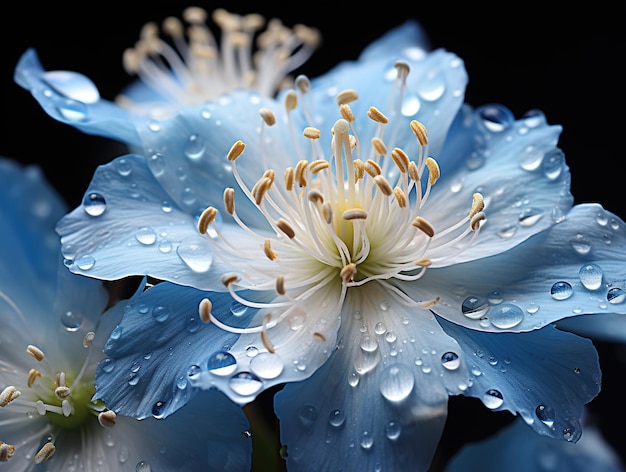 Primo piano di fiori blu con gocce d'acqua su sfondo scuro Bellissime foto macro fiori colorati