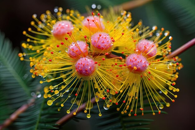 Primo piano di fiori di mimosa con gocce di rugiada e colori vivaci