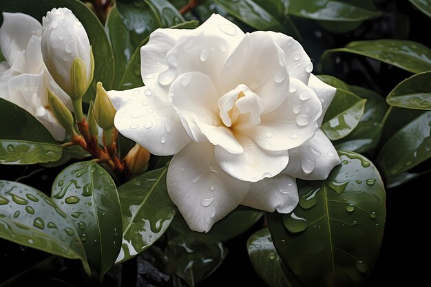 Primo piano di fiori freschi di Gardenia con gocce di rugiada nello spazio di copia del giardino tropicale Fiore di gelsomino bianco