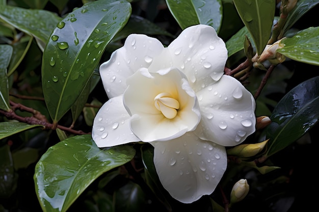 Primo piano di fiori freschi di Gardenia con gocce di rugiada nello spazio di copia del giardino tropicale Fiore di gelsomino bianco