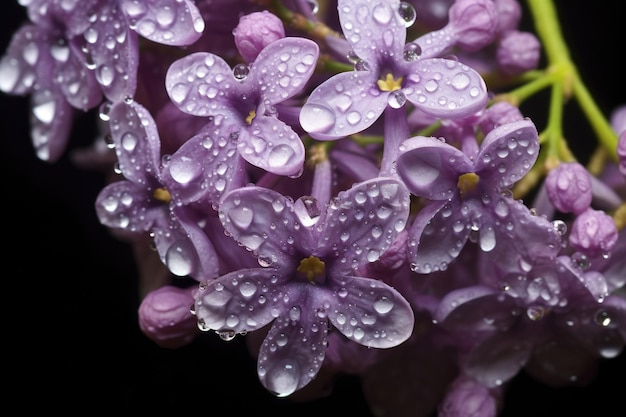 Primo piano di fiori lilla con gocce di rugiada create con intelligenza artificiale generativa