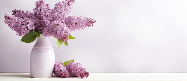 Primo piano di fiori lilla in un vaso su un tavolo vicino a un muro bianco in una stanza