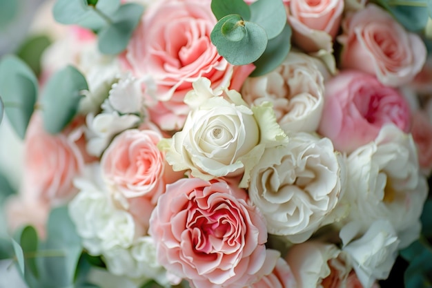 Primo piano di fiori nuziali e bouquet con rose, peonie e piante decorative