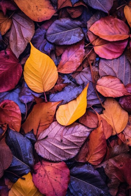 Primo piano di foglie autunnali colorate sul suolo della foresta creato con intelligenza artificiale generativa