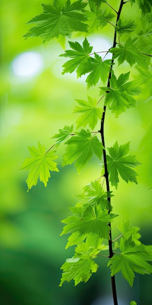 Primo piano di foglie di acero verdi fresche in primavera all'aperto Fogliame verde su ramoscelli e rami