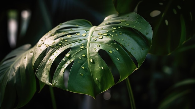 Primo piano di foglie di piante tropicali Monstera con gocce di pioggia Sfondo naturale verde IA generativa