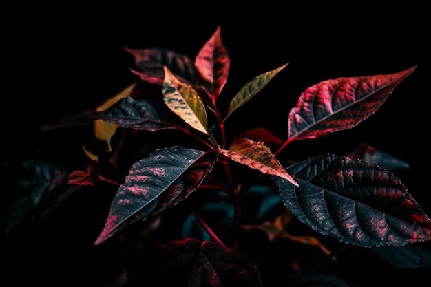 Primo piano di foglie rosse e verdi su sfondo nero