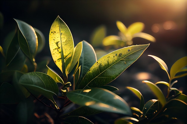 Primo piano di foglie verdi con la luce del sole al mattino generativo ai