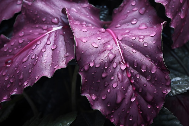 Primo piano di foglie viola con gocce d'acqua sui petali