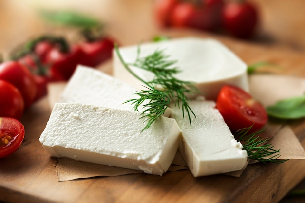 Primo piano di formaggio feta con aneto e pomodorini sul tagliere