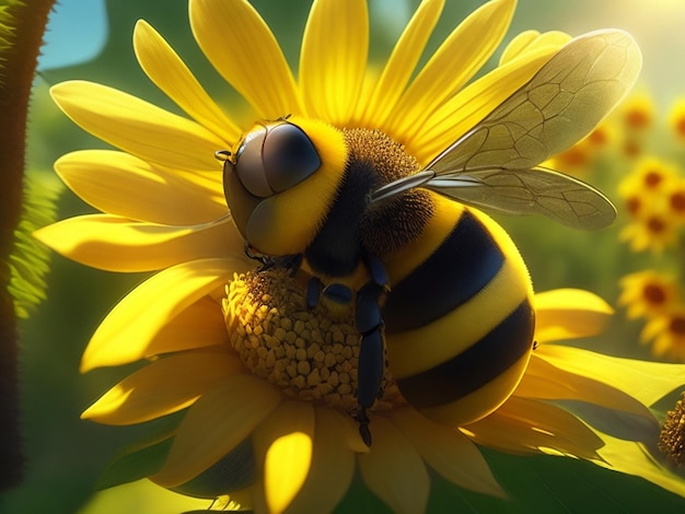 Primo piano di foto gratis di un miele giallo Una micro foto generativa di ape carina e soffice ai