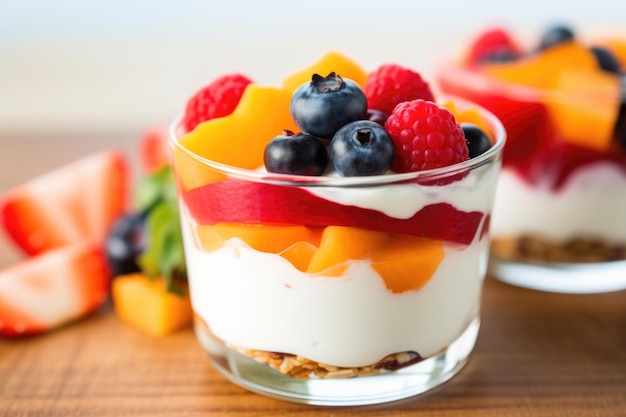 Primo piano di frutta a fette sopra lo yogurt