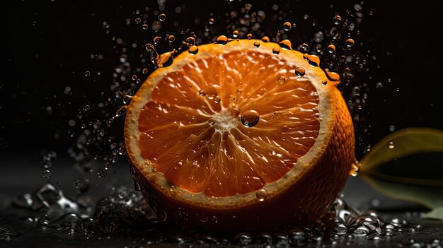 Primo piano di frutta arancione affettata colpita da spruzzi d'acqua con sfondo nero sfocato