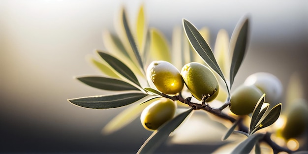 Primo piano di frutti di oliva sul ramo di un albero Giardino di ulivi e disegno di sfondo della luce del sole Generato dall'IA