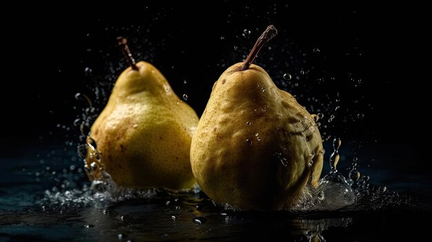 Primo piano di frutti di pera colpiti da spruzzi d'acqua con sfondo nero sfocato