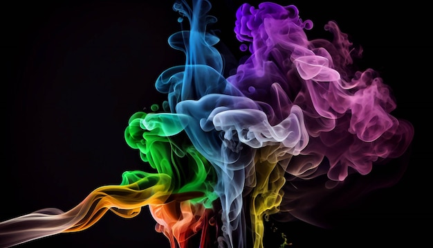 Primo piano di fumo colorato su uno sfondo nero ai generativo